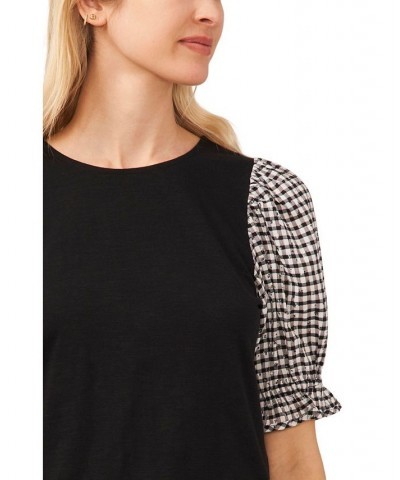 Women's Mixed-Media Plaid-Print Puff-Sleeve Tee Black $17.83 Tops