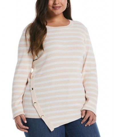 Plus Size Snap Trim Stripe Asymmetrical Sweater Cloud Pink $45.78 Sweaters