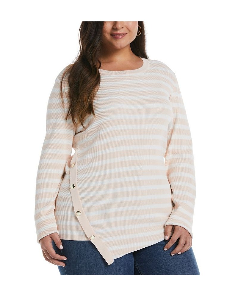 Plus Size Snap Trim Stripe Asymmetrical Sweater Cloud Pink $45.78 Sweaters