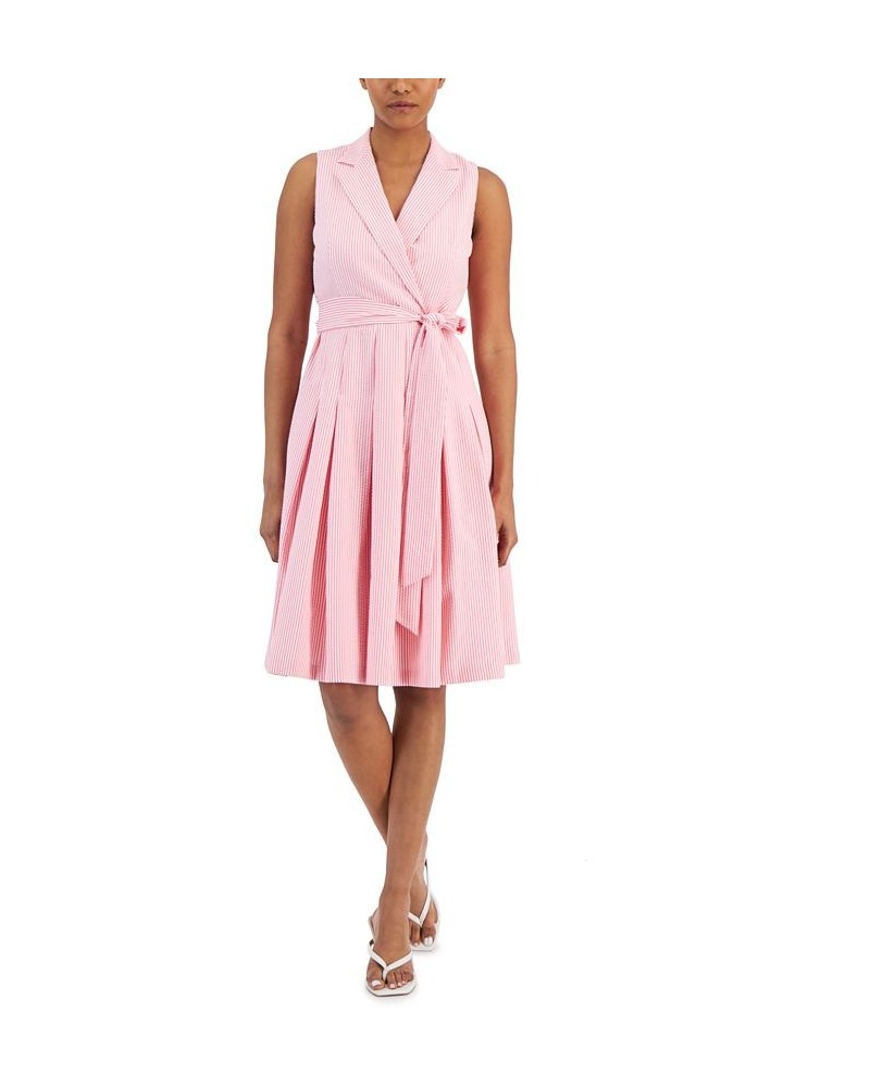 Women's Seersucker Wrap-Style Fit & Flare Dress Pink $44.70 Dresses