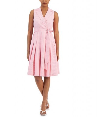 Women's Seersucker Wrap-Style Fit & Flare Dress Pink $44.70 Dresses