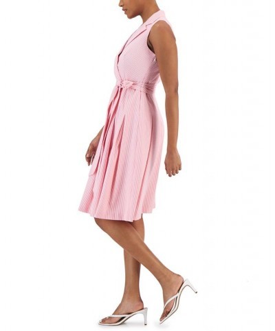 Women's Seersucker Wrap-Style Fit & Flare Dress Pink $44.70 Dresses