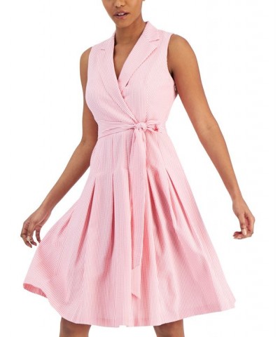 Women's Seersucker Wrap-Style Fit & Flare Dress Pink $44.70 Dresses