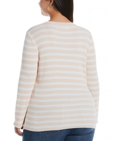 Plus Size Snap Trim Stripe Asymmetrical Sweater Cloud Pink $45.78 Sweaters