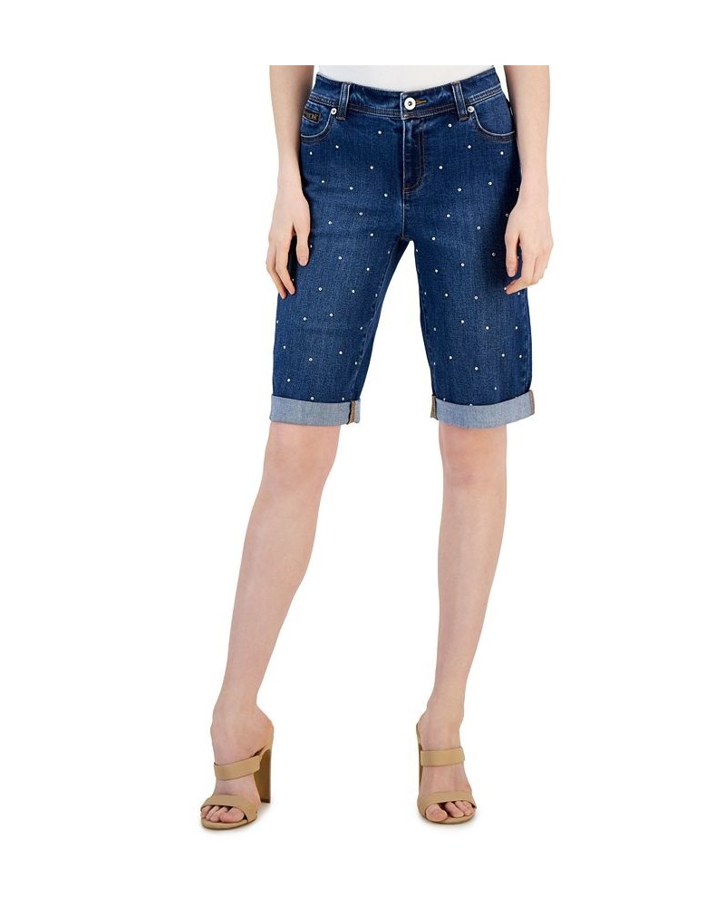 Women's Mid-Rise Studded Denim Bermuda Shorts Medium Indigo $34.19 Shorts