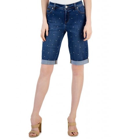 Women's Mid-Rise Studded Denim Bermuda Shorts Medium Indigo $34.19 Shorts