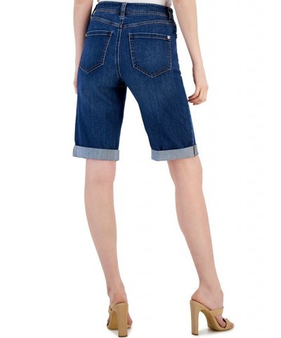 Women's Mid-Rise Studded Denim Bermuda Shorts Medium Indigo $34.19 Shorts