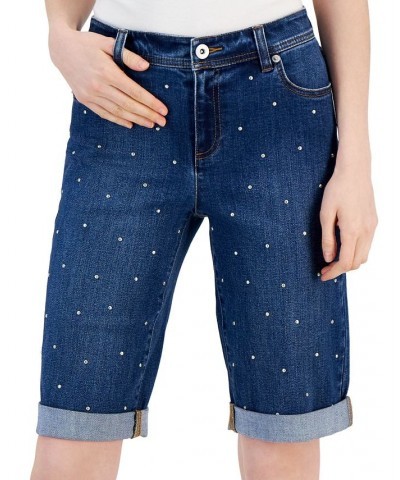 Women's Mid-Rise Studded Denim Bermuda Shorts Medium Indigo $34.19 Shorts