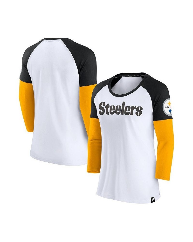 Women's Branded White Black Pittsburgh Steelers Durable Raglan 3/4-Sleeve T-shirt White, Black $22.50 Tops