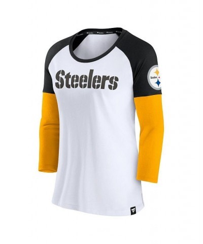 Women's Branded White Black Pittsburgh Steelers Durable Raglan 3/4-Sleeve T-shirt White, Black $22.50 Tops