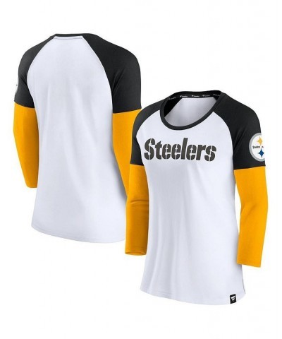 Women's Branded White Black Pittsburgh Steelers Durable Raglan 3/4-Sleeve T-shirt White, Black $22.50 Tops