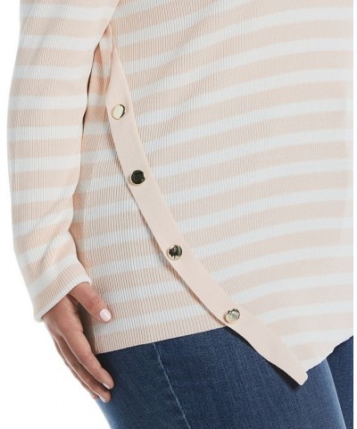 Plus Size Snap Trim Stripe Asymmetrical Sweater Cloud Pink $45.78 Sweaters