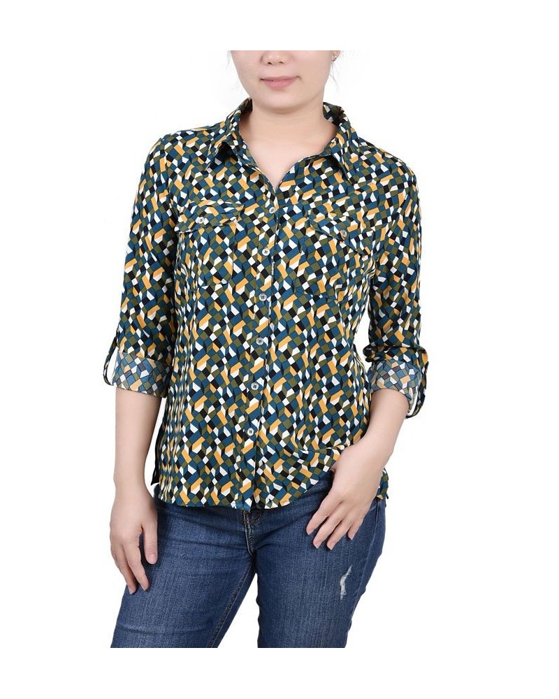 Women's 3/4 Roll Tab Shirt with Pockets Deep Teal Banana Cube $16.32 Tops