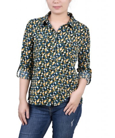 Women's 3/4 Roll Tab Shirt with Pockets Deep Teal Banana Cube $16.32 Tops