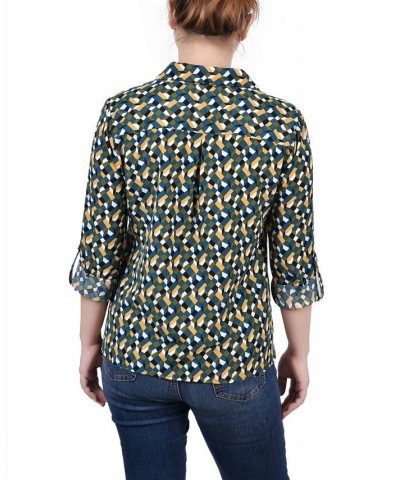 Women's 3/4 Roll Tab Shirt with Pockets Deep Teal Banana Cube $16.32 Tops