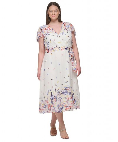 Plus Size Printed Flutter-Sleeve Midi Dress Ivory/Marine Multi $55.44 Dresses