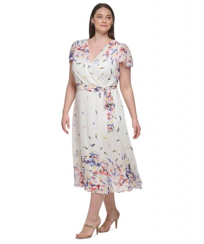 Plus Size Printed Flutter-Sleeve Midi Dress Ivory/Marine Multi $55.44 Dresses