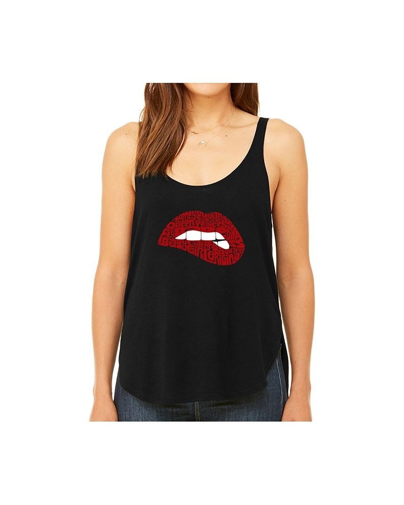 Women's Premium Word Art Flowy Tank Top- Savage Lips Black $25.64 Tops