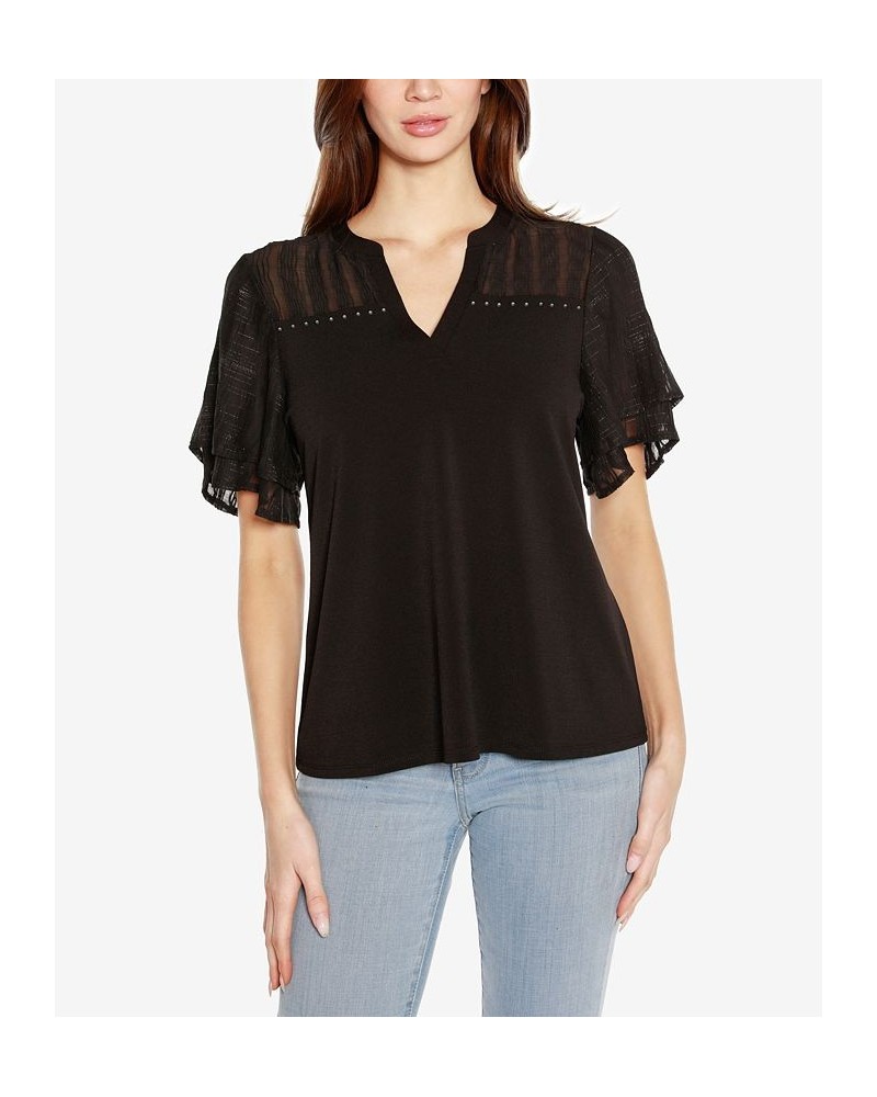 Black Label Petite Split Neck Mixed Media Top Black $43.35 Tops