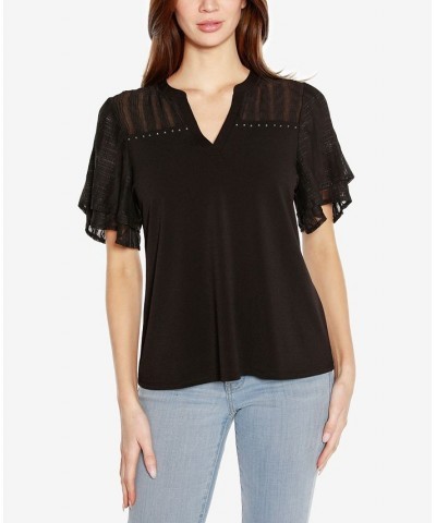 Black Label Petite Split Neck Mixed Media Top Black $43.35 Tops