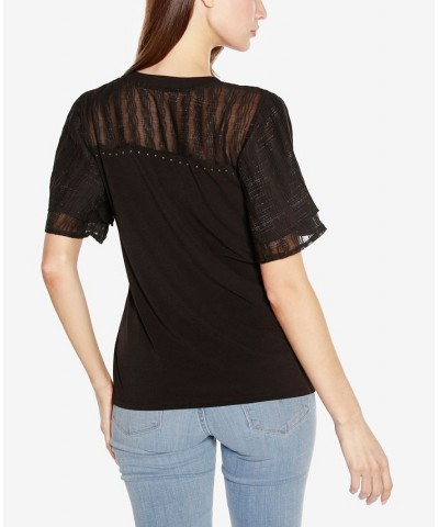 Black Label Petite Split Neck Mixed Media Top Black $43.35 Tops