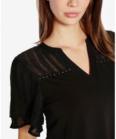 Black Label Petite Split Neck Mixed Media Top Black $43.35 Tops