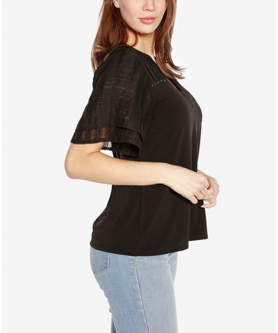 Black Label Petite Split Neck Mixed Media Top Black $43.35 Tops