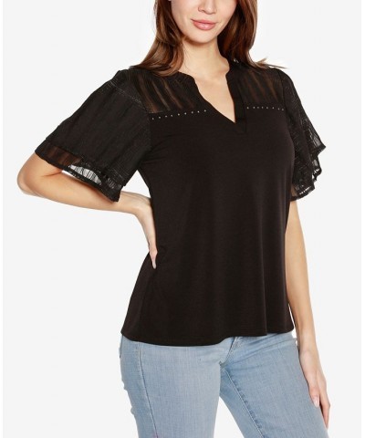 Black Label Petite Split Neck Mixed Media Top Black $43.35 Tops