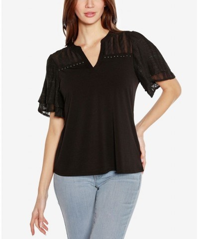 Black Label Petite Split Neck Mixed Media Top Black $43.35 Tops