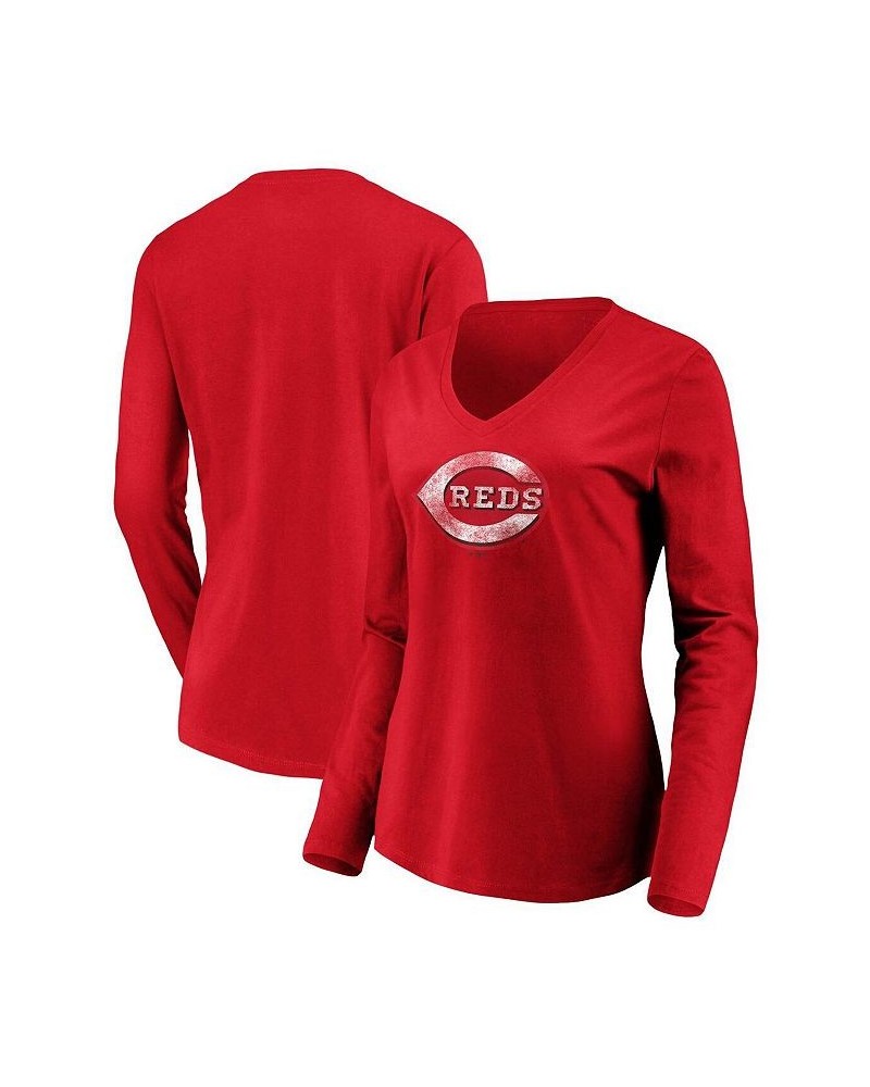 Women's Red Cincinnati Reds Core Team Long Sleeve V-Neck T-shirt Red $20.25 Tops