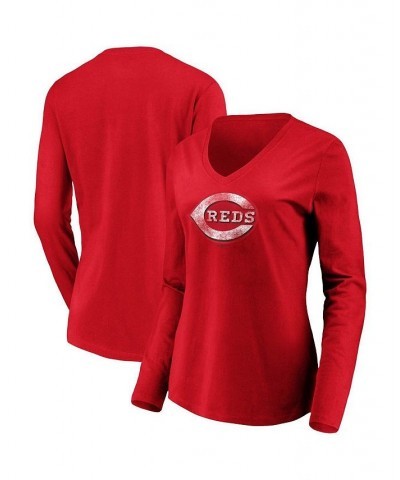 Women's Red Cincinnati Reds Core Team Long Sleeve V-Neck T-shirt Red $20.25 Tops