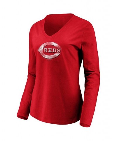 Women's Red Cincinnati Reds Core Team Long Sleeve V-Neck T-shirt Red $20.25 Tops