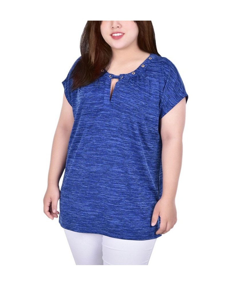 Plus Size Short Extended-Sleeve Grommet Neck Knit Top Blue $11.87 Tops