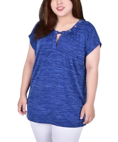 Plus Size Short Extended-Sleeve Grommet Neck Knit Top Blue $11.87 Tops