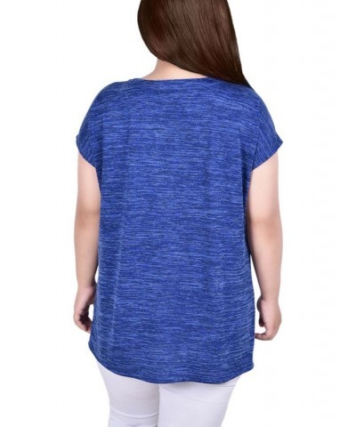 Plus Size Short Extended-Sleeve Grommet Neck Knit Top Blue $11.87 Tops