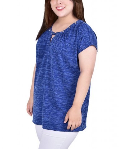 Plus Size Short Extended-Sleeve Grommet Neck Knit Top Blue $11.87 Tops