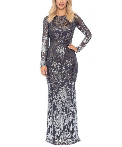 Petite Sequined Long-Sleeve Boat-Neck Gown Coal Silver $69.60 Dresses