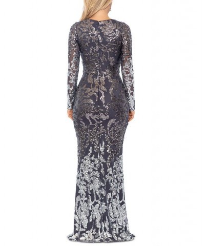 Petite Sequined Long-Sleeve Boat-Neck Gown Coal Silver $69.60 Dresses