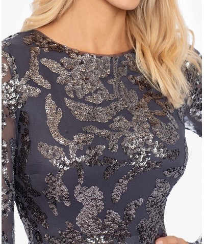 Petite Sequined Long-Sleeve Boat-Neck Gown Coal Silver $69.60 Dresses