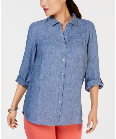 Petite Linen Button-Front Shirt Blue $19.69 Tops