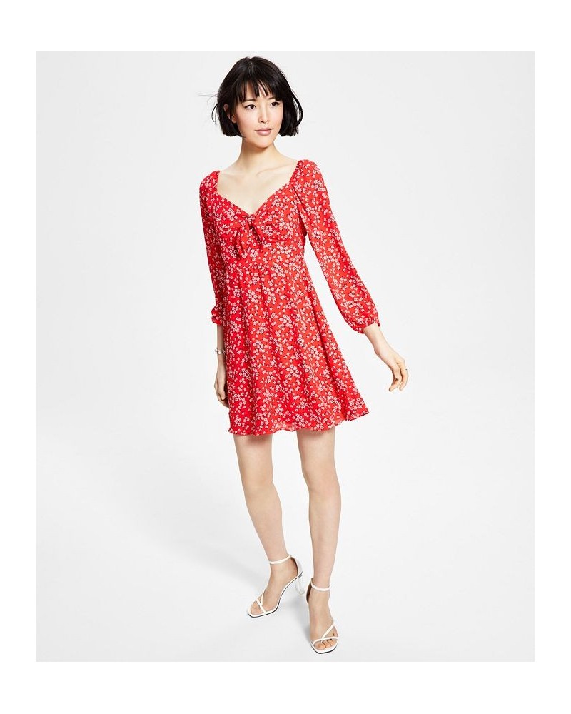 Women's Ditsy-Print Tie-Bust Dress Aurora Red Floral $54.50 Dresses