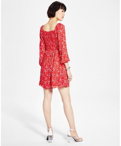 Women's Ditsy-Print Tie-Bust Dress Aurora Red Floral $54.50 Dresses