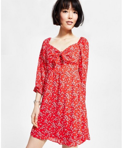 Women's Ditsy-Print Tie-Bust Dress Aurora Red Floral $54.50 Dresses