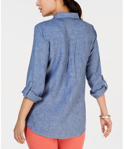 Petite Linen Button-Front Shirt Blue $19.69 Tops