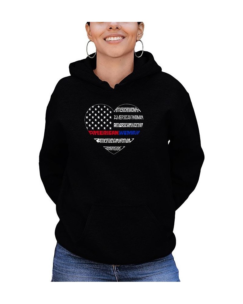 Women's American Woman Word Art Hooded Sweatshirt Black $34.19 Tops