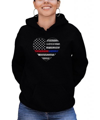 Women's American Woman Word Art Hooded Sweatshirt Black $34.19 Tops