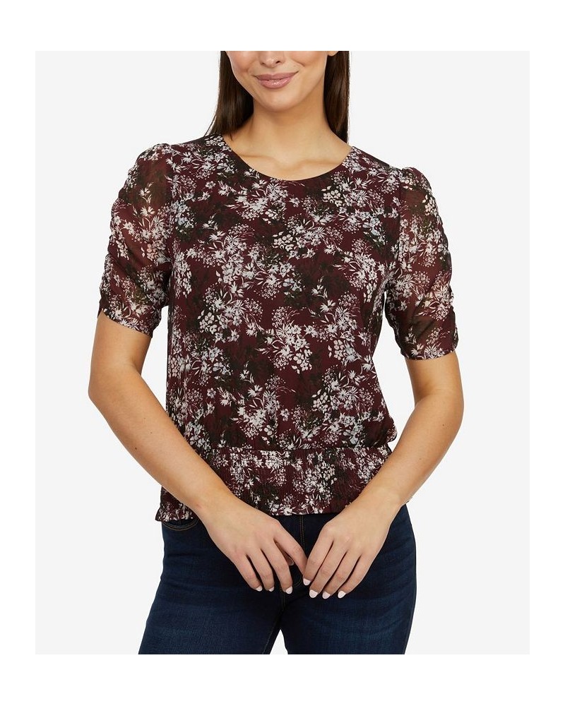 Women's Top with Floral Shirred Sleeves and Smocked Waist Winetasting Ditsy $42.57 Tops