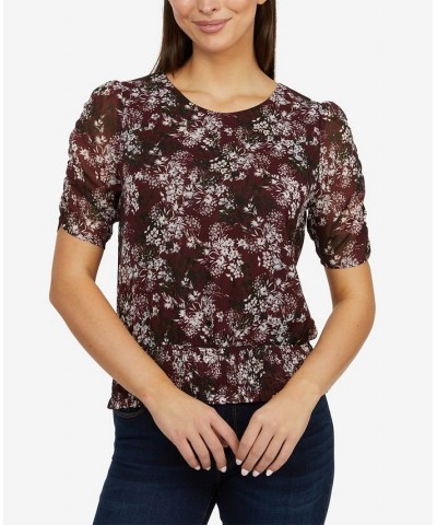 Women's Top with Floral Shirred Sleeves and Smocked Waist Winetasting Ditsy $42.57 Tops