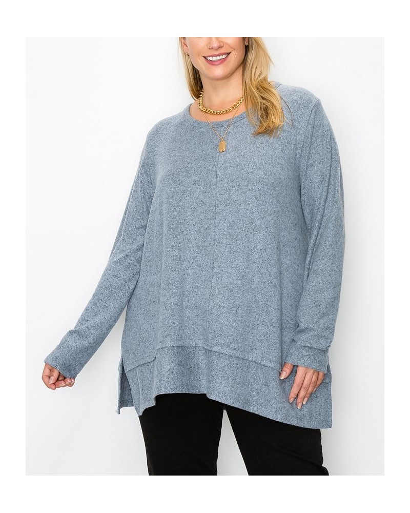 Plus Size Cozy Long Sleeve Pleat Button Back Top Chambray $22.68 Tops