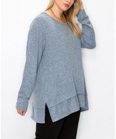 Plus Size Cozy Long Sleeve Pleat Button Back Top Chambray $22.68 Tops